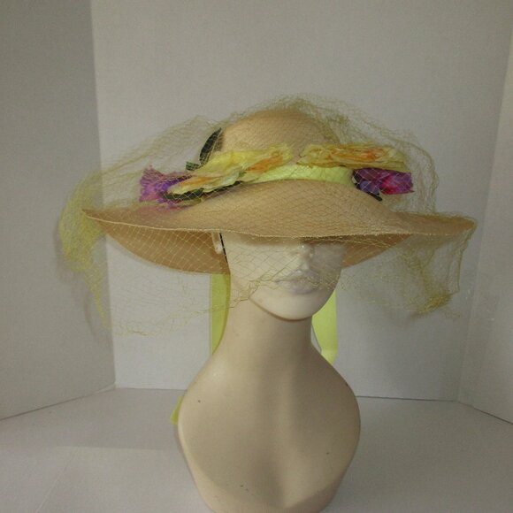 VTG 60's Wide Brim Natural Straw Hat wVeil Flowers Yellow Ribbon Bergdorf France - Picture 1 of 11